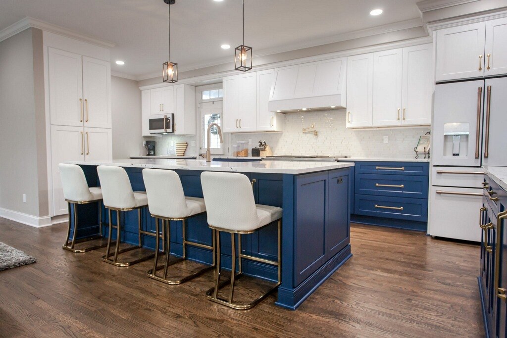 Two-tone cabinet repaint — island seating in North Atlanta GA — AAA Construction Services